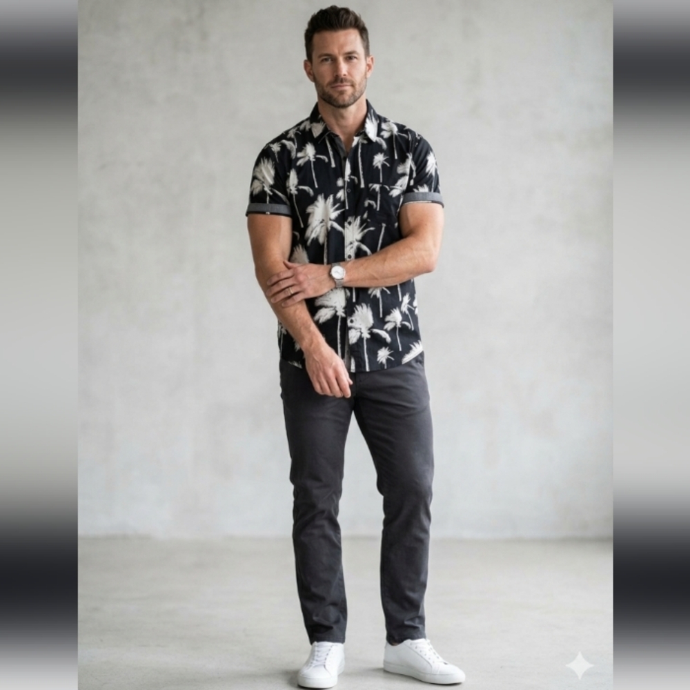 DISTORTION MEN'S MODERN Black Cotton Palm Leaf Tropic Print Hawaiian Shirt Top